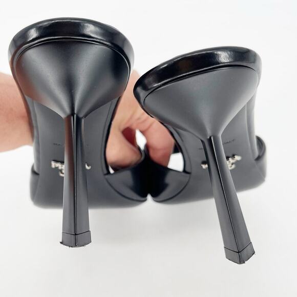 Prada Black Brushed Leather Padded Logo 75mm Open Toe Sandal Mule size IT 40 - Picture 9 of 12